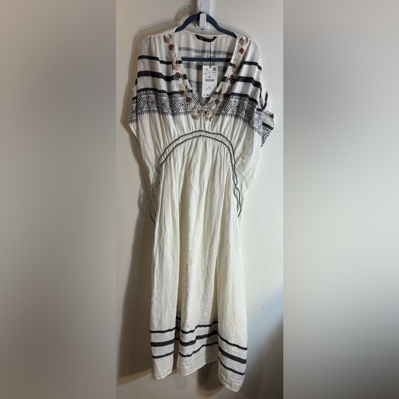 ZARA Sz M-L Gauzy Drawstrings Tassels Beaded V-Neck Striped Maxi Dress NEW - Picture 3 of 13